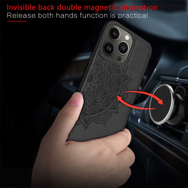 For iPhone 13 Mandala Embossed Cloth Cover PC + TPU Case with Magnetic Function and Hand Strap