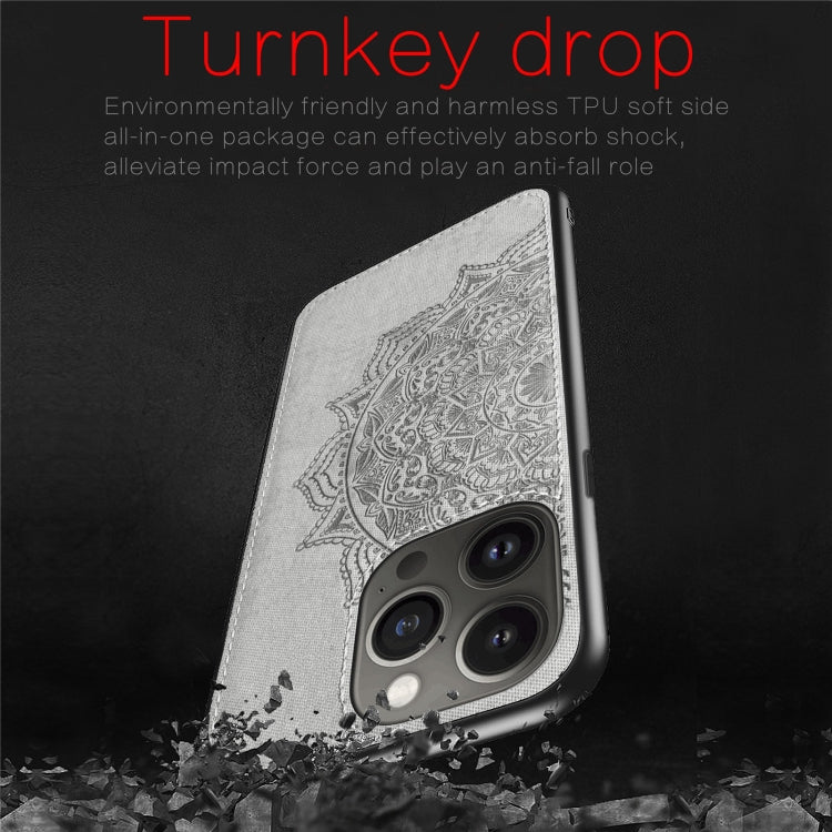 For iPhone 13 Mandala Embossed Cloth Cover PC + TPU Case with Magnetic Function and Hand Strap