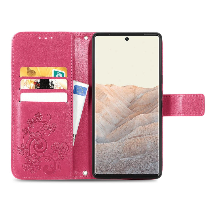 For Google Pixel 6 Four-leaf Clasp Embossed Leather Case with Lanyard & Card Slot & Wallet & Holder