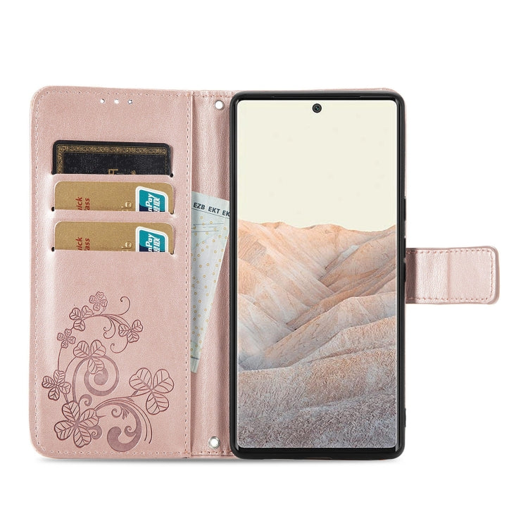 For Google Pixel 6 Four-leaf Clasp Embossed Leather Case with Lanyard & Card Slot & Wallet & Holder