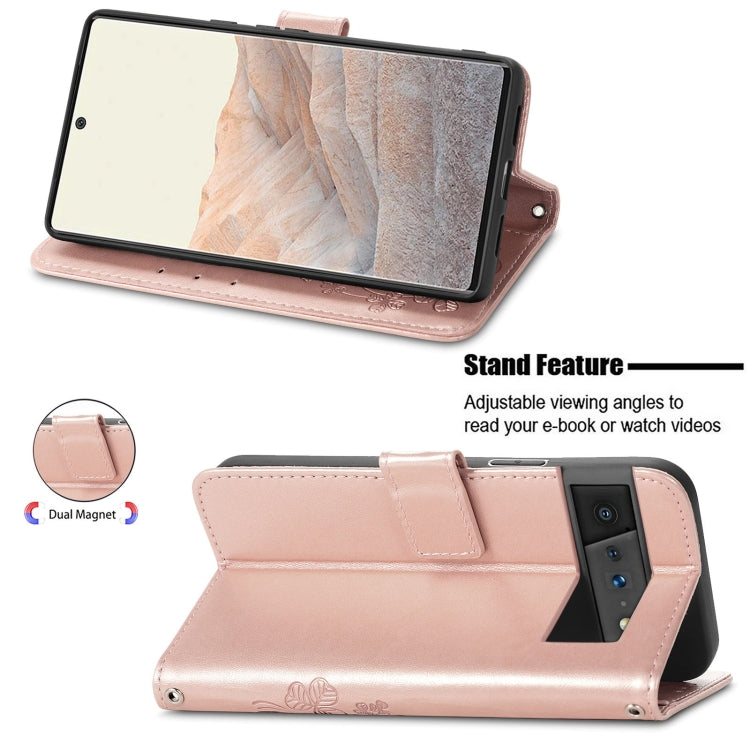 For Google Pixel 6 Four-leaf Clasp Embossed Leather Case with Lanyard & Card Slot & Wallet & Holder