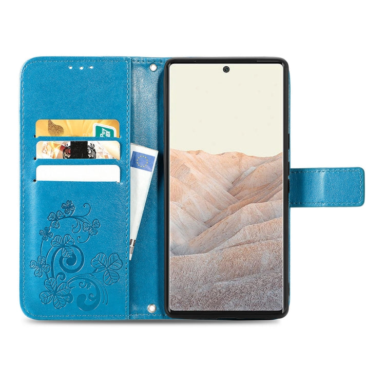 For Google Pixel 6 Four-leaf Clasp Embossed Leather Case with Lanyard & Card Slot & Wallet & Holder