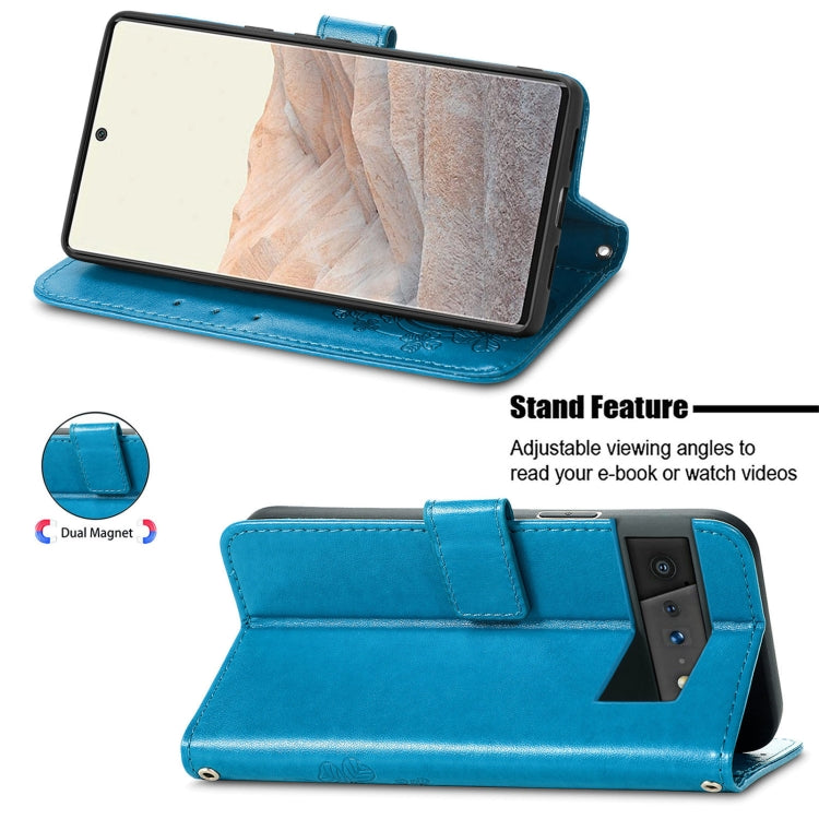 For Google Pixel 6 Four-leaf Clasp Embossed Leather Case with Lanyard & Card Slot & Wallet & Holder