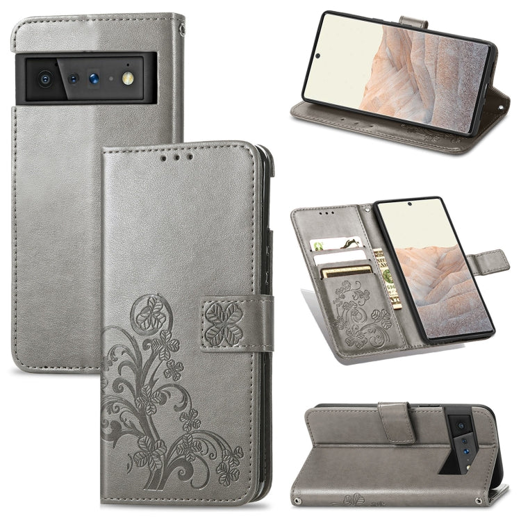 For Google Pixel 6 Four-leaf Clasp Embossed Leather Case with Lanyard & Card Slot & Wallet & Holder