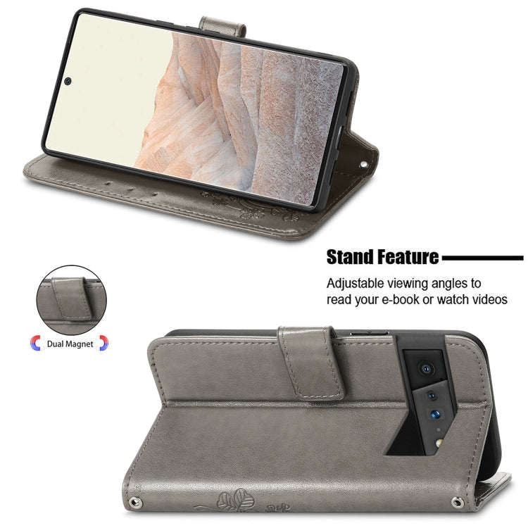 For Google Pixel 6 Four-leaf Clasp Embossed Leather Case with Lanyard & Card Slot & Wallet & Holder