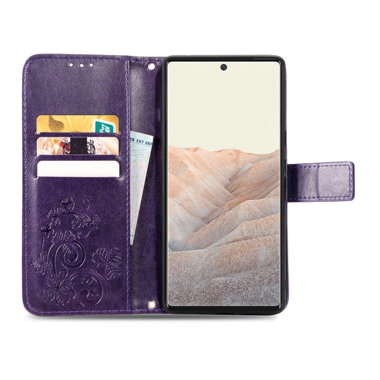 For Google Pixel 6 Four-leaf Clasp Embossed Leather Case with Lanyard & Card Slot & Wallet & Holder