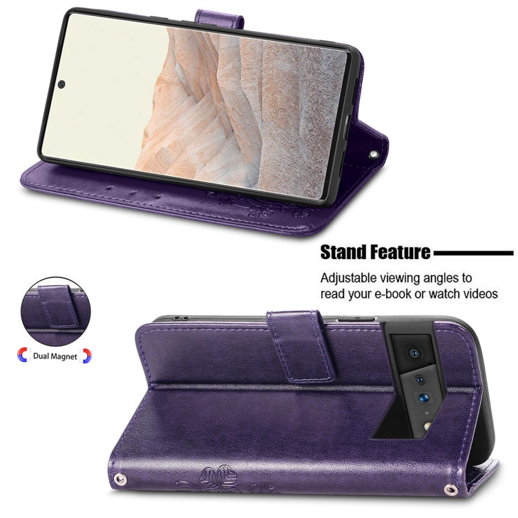 For Google Pixel 6 Four-leaf Clasp Embossed Leather Case with Lanyard & Card Slot & Wallet & Holder