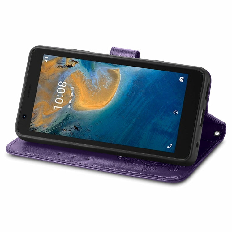 For ZTE Blade A31 Lite Four-leaf Clasp Embossed Leather Case with Lanyard & Card Slot & Wallet & Holder