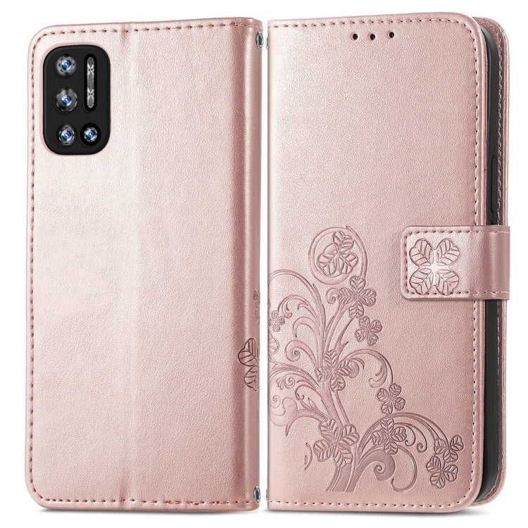 For DOOGEE N40 Pro Four-leaf Clasp Embossed Leather Case with Lanyard & Card Slot & Wallet & Holder