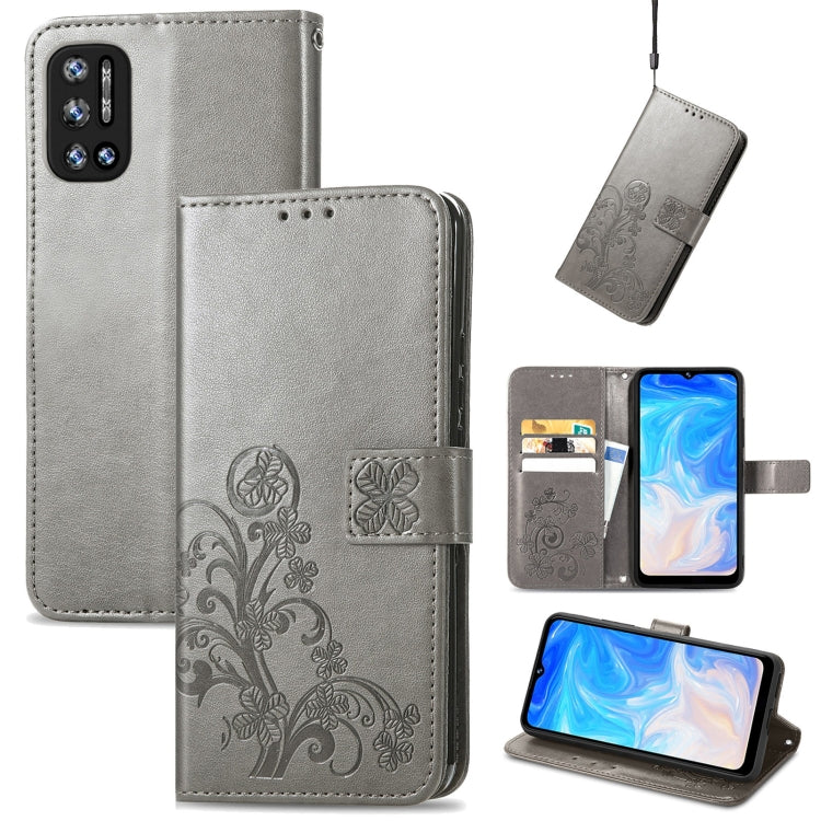 For DOOGEE N40 Pro Four-leaf Clasp Embossed Leather Case with Lanyard & Card Slot & Wallet & Holder