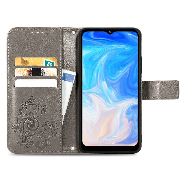 For DOOGEE N40 Pro Four-leaf Clasp Embossed Leather Case with Lanyard & Card Slot & Wallet & Holder