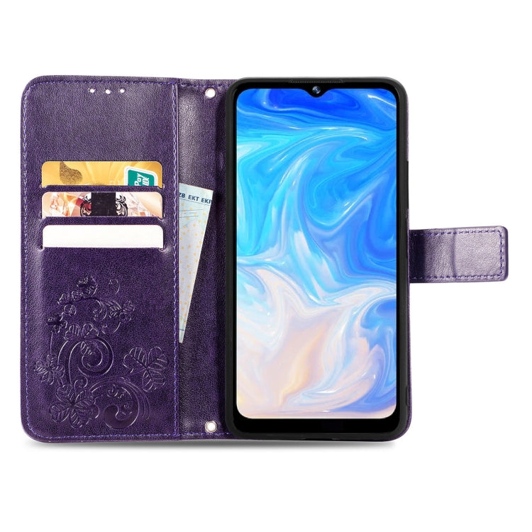 For DOOGEE N40 Pro Four-leaf Clasp Embossed Leather Case with Lanyard & Card Slot & Wallet & Holder