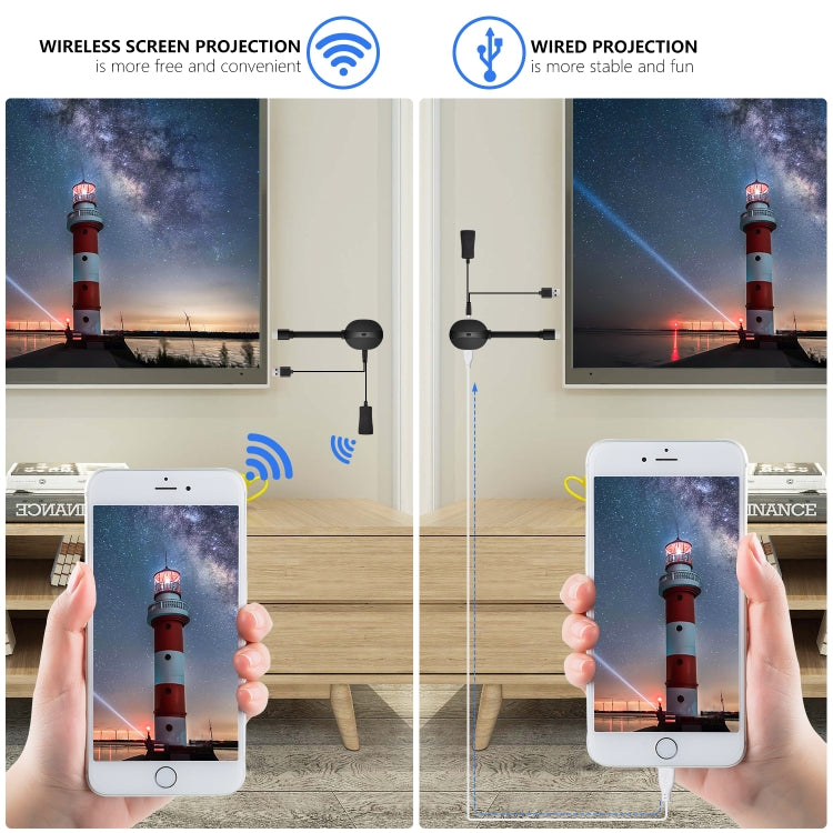 JD-T7 Mobile Phone Wired Wireless WiFi Display Dongle Receiver Car TV Stick Projector, Support Tik Tok Vertical Screen Broadcast