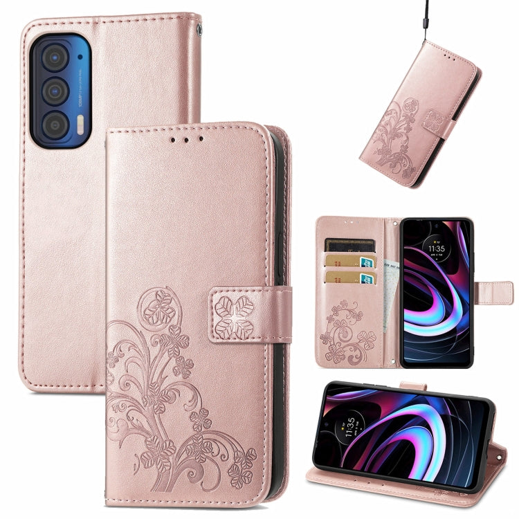 For Motorola Moto Edge 2021 Four-leaf Clasp Embossed Leather Case with Lanyard & Card Slots & Wallet & Holder