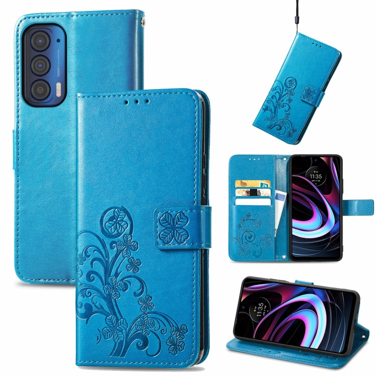 For Motorola Moto Edge 2021 Four-leaf Clasp Embossed Leather Case with Lanyard & Card Slots & Wallet & Holder