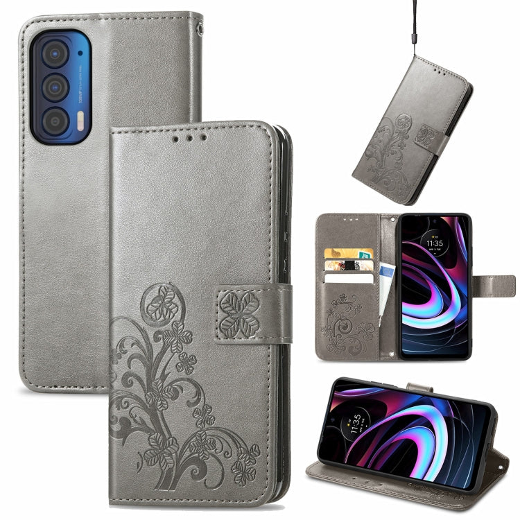 For Motorola Moto Edge 2021 Four-leaf Clasp Embossed Leather Case with Lanyard & Card Slots & Wallet & Holder