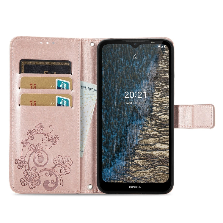 For Nokia C20 Four-leaf Clasp Embossed Leather Case with Lanyard & Card Slot & Wallet & Holder