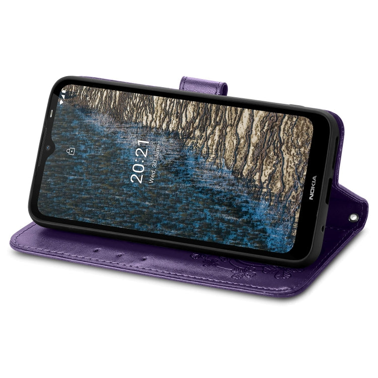 For Nokia C20 Four-leaf Clasp Embossed Leather Case with Lanyard & Card Slot & Wallet & Holder