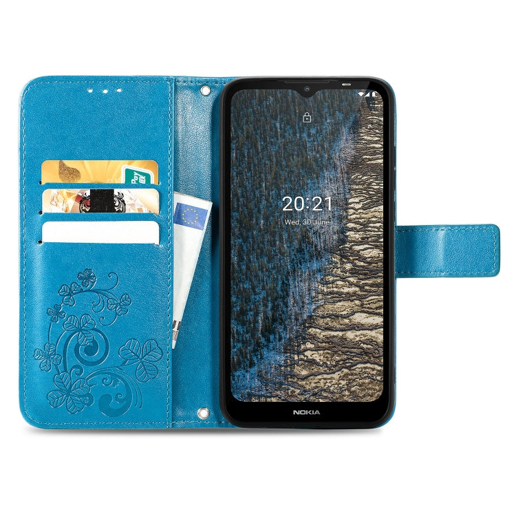 For Nokia C20 Four-leaf Clasp Embossed Leather Case with Lanyard & Card Slot & Wallet & Holder