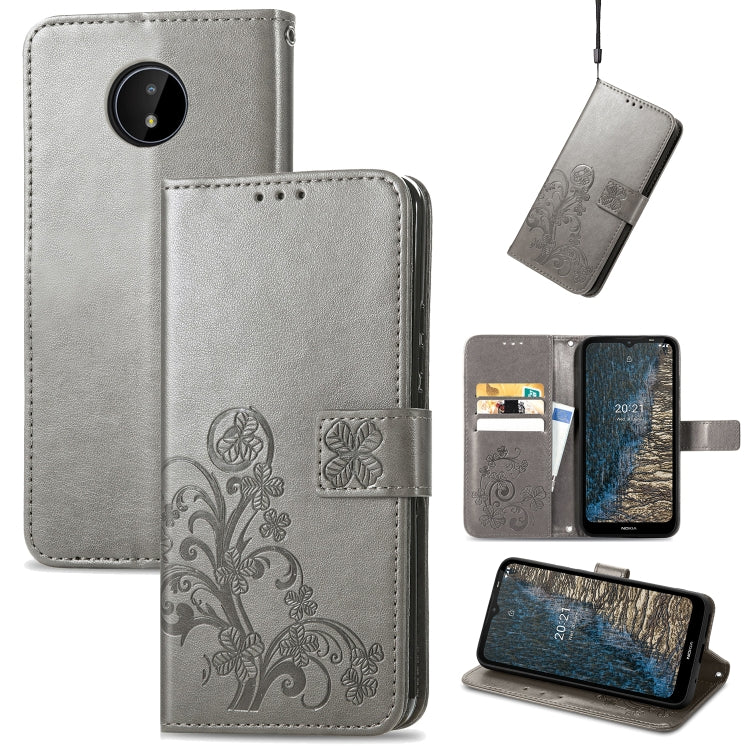 For Nokia C20 Four-leaf Clasp Embossed Leather Case with Lanyard & Card Slot & Wallet & Holder