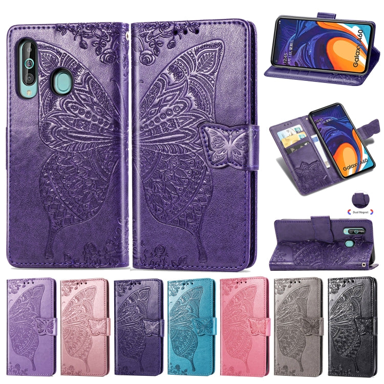 Butterfly Love Flowers Embossing Horizontal Flip Leather Case for Galaxy A60, with Holder & Card Slots & Wallet & Lanyard
