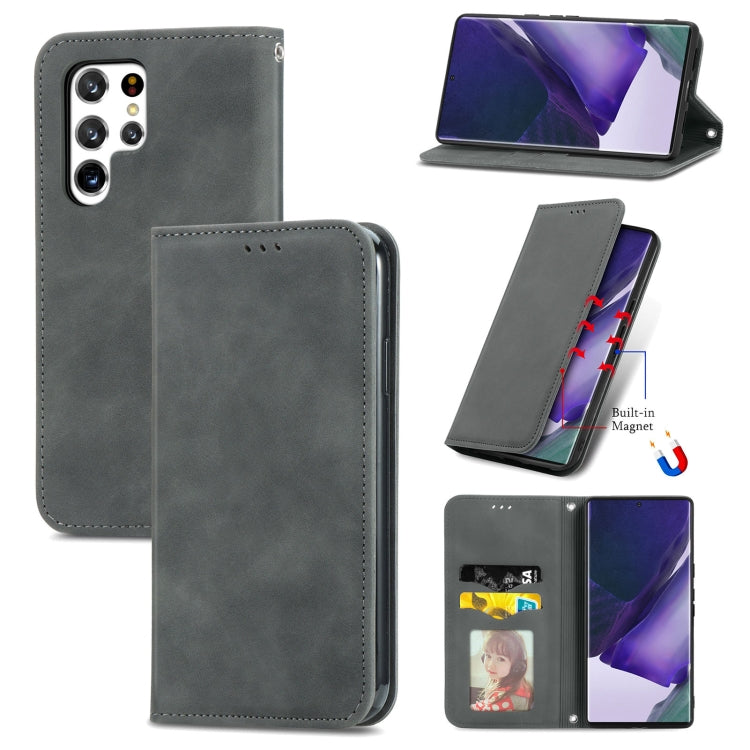 For Samsung Galaxy S22 Ultra 5G Retro Skin Feel Magnetic Horizontal Flip Leather Case with Holder & Card Slots & Wallet & Photo Frame