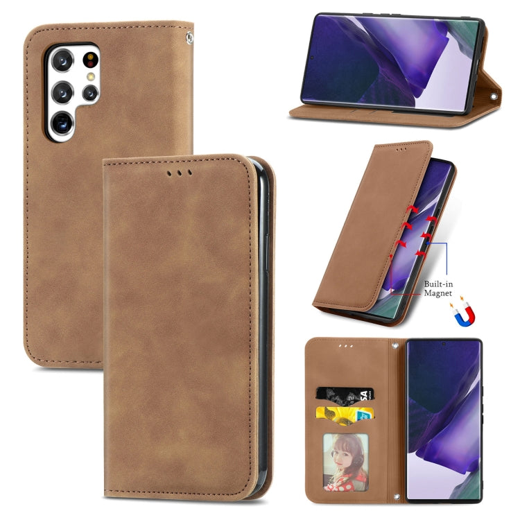 For Samsung Galaxy S22 Ultra 5G Retro Skin Feel Magnetic Horizontal Flip Leather Case with Holder & Card Slots & Wallet & Photo Frame