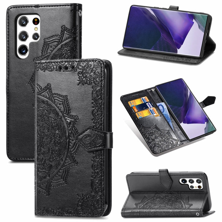 For Samsung Galaxy S22 Ultra 5G Mandala Flower Embossed Horizontal Flip Leather Case with Holder & Card Slots & Wallet & Lanyard