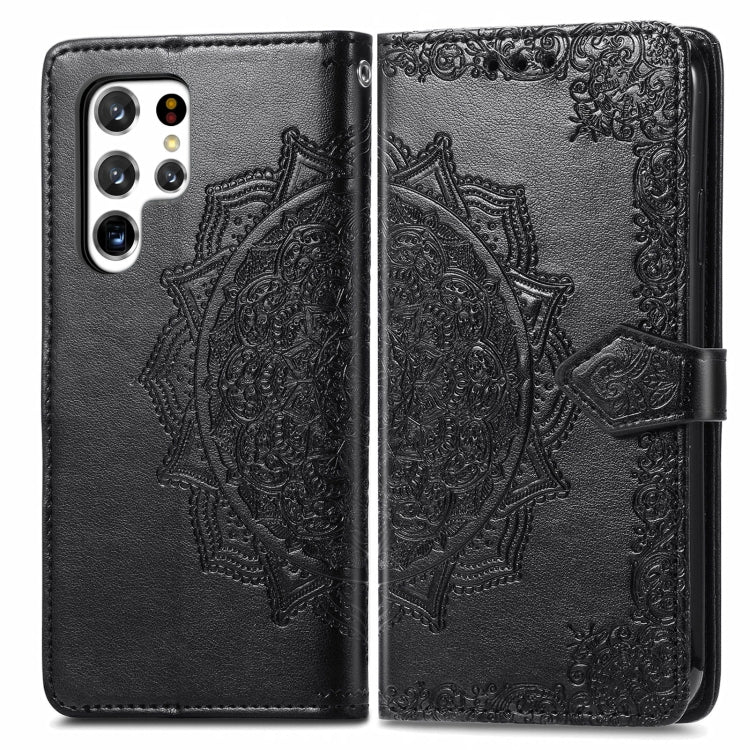 For Samsung Galaxy S22 Ultra 5G Mandala Flower Embossed Horizontal Flip Leather Case with Holder & Card Slots & Wallet & Lanyard
