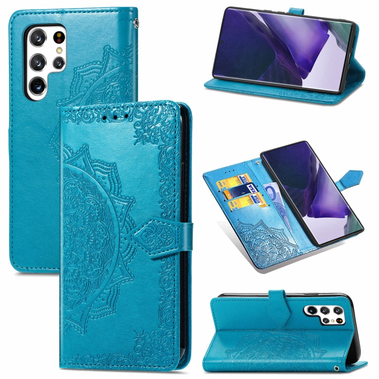 For Samsung Galaxy S22 Ultra 5G Mandala Flower Embossed Horizontal Flip Leather Case with Holder & Card Slots & Wallet & Lanyard