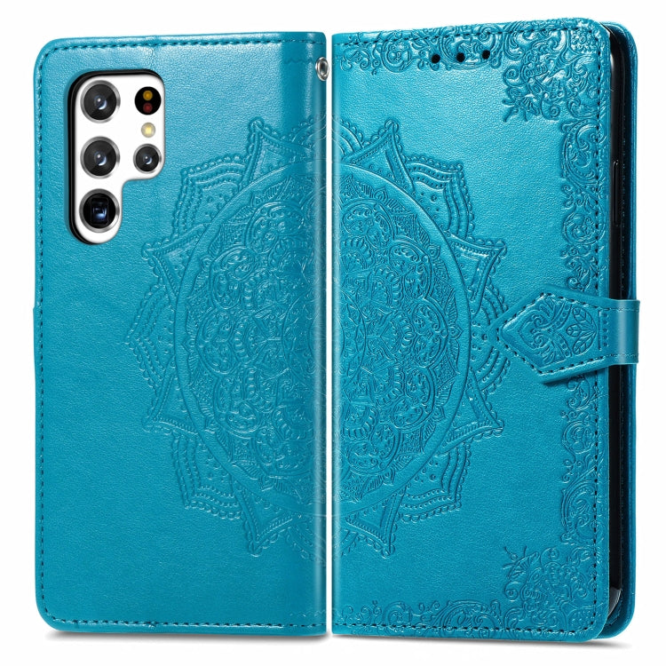 For Samsung Galaxy S22 Ultra 5G Mandala Flower Embossed Horizontal Flip Leather Case with Holder & Card Slots & Wallet & Lanyard