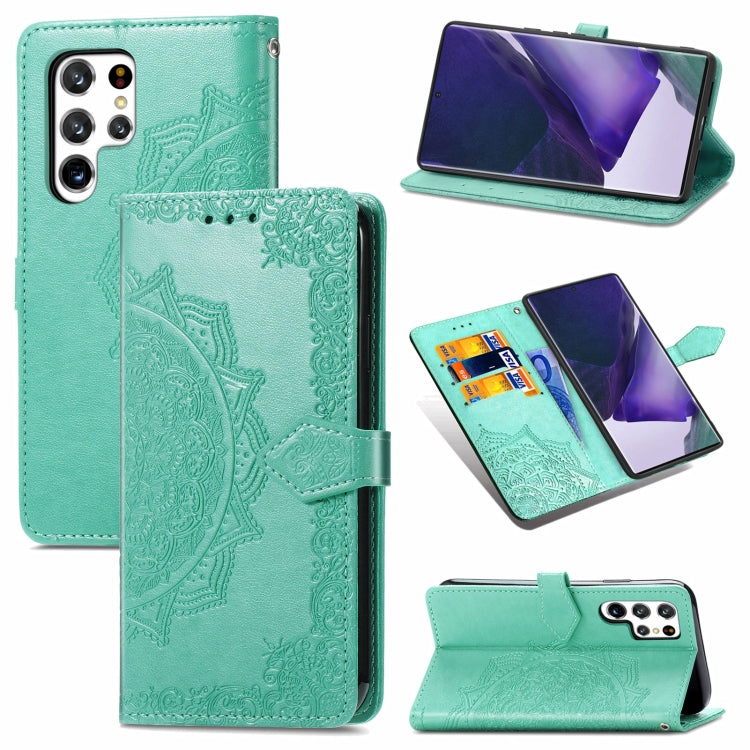 For Samsung Galaxy S22 Ultra 5G Mandala Flower Embossed Horizontal Flip Leather Case with Holder & Card Slots & Wallet & Lanyard
