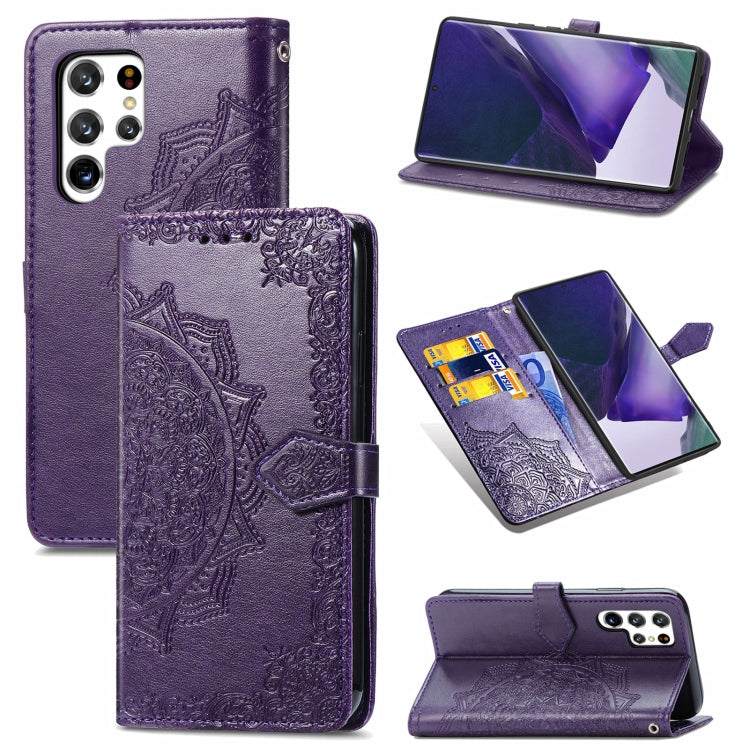 For Samsung Galaxy S22 Ultra 5G Mandala Flower Embossed Horizontal Flip Leather Case with Holder & Card Slots & Wallet & Lanyard
