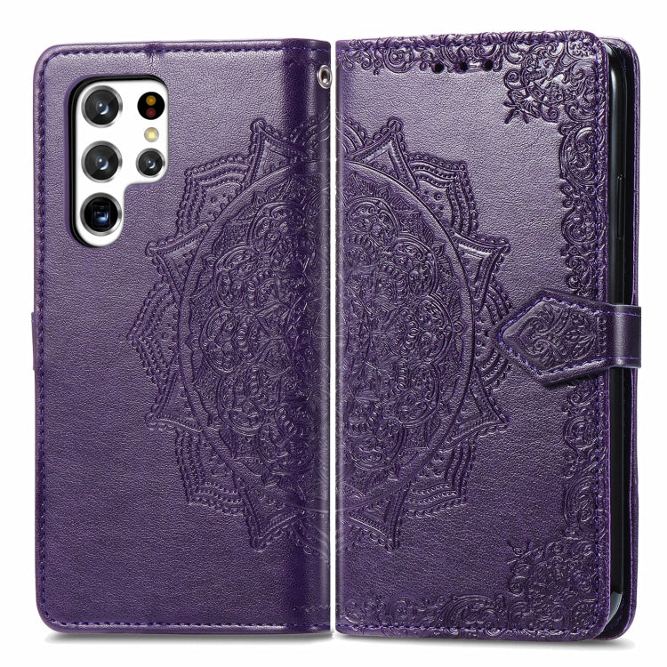 For Samsung Galaxy S22 Ultra 5G Mandala Flower Embossed Horizontal Flip Leather Case with Holder & Card Slots & Wallet & Lanyard