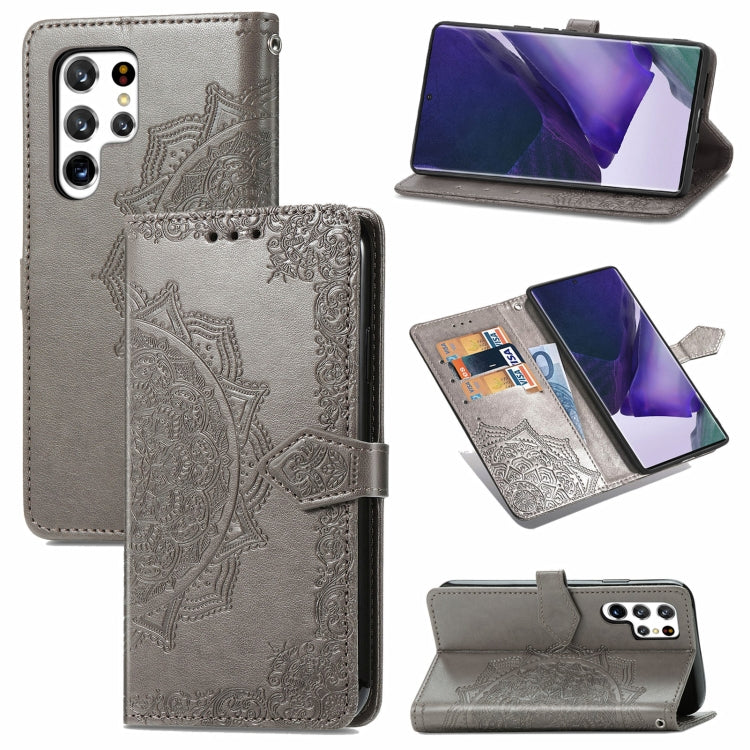 For Samsung Galaxy S22 Ultra 5G Mandala Flower Embossed Horizontal Flip Leather Case with Holder & Card Slots & Wallet & Lanyard