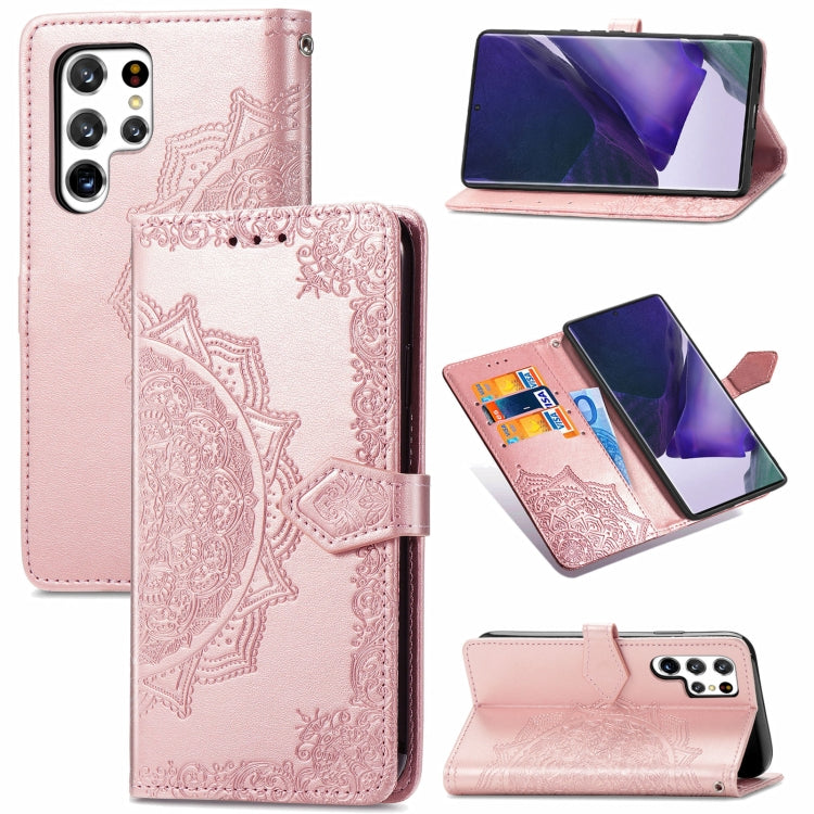 For Samsung Galaxy S22 Ultra 5G Mandala Flower Embossed Horizontal Flip Leather Case with Holder & Card Slots & Wallet & Lanyard