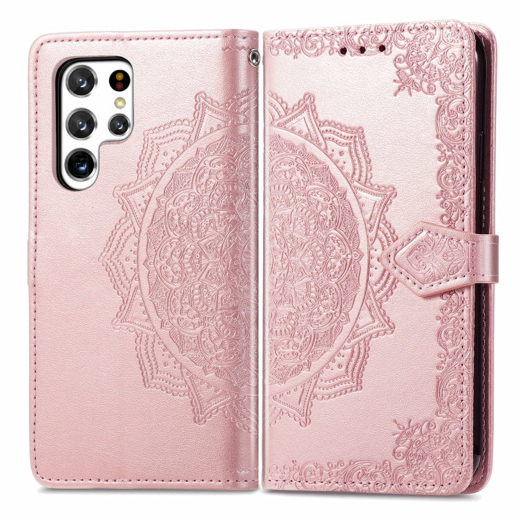 For Samsung Galaxy S22 Ultra 5G Mandala Flower Embossed Horizontal Flip Leather Case with Holder & Card Slots & Wallet & Lanyard