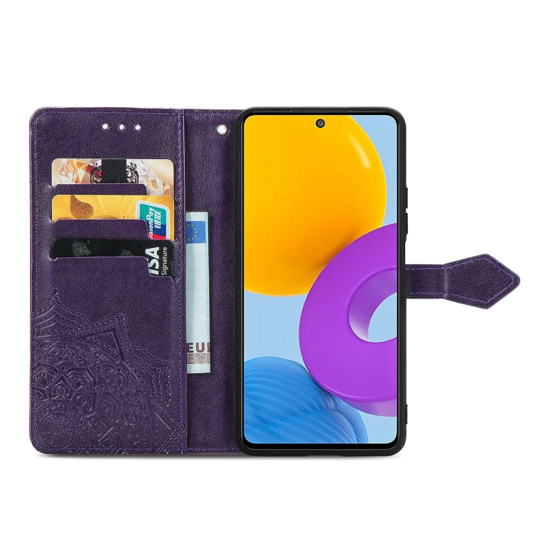 For Samsung Galaxy M52 5G Mandala Flower Embossed Horizontal Flip Leather Case with Holder & Card Slots & Wallet & Lanyard