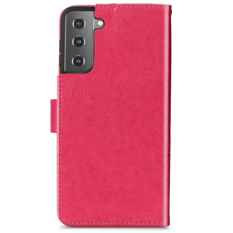 For Samsung Galaxy S22 5G Four-leaf Clasp Embossed Leather Phone Case with Lanyard & Card Slot & Wallet & Bracket Function