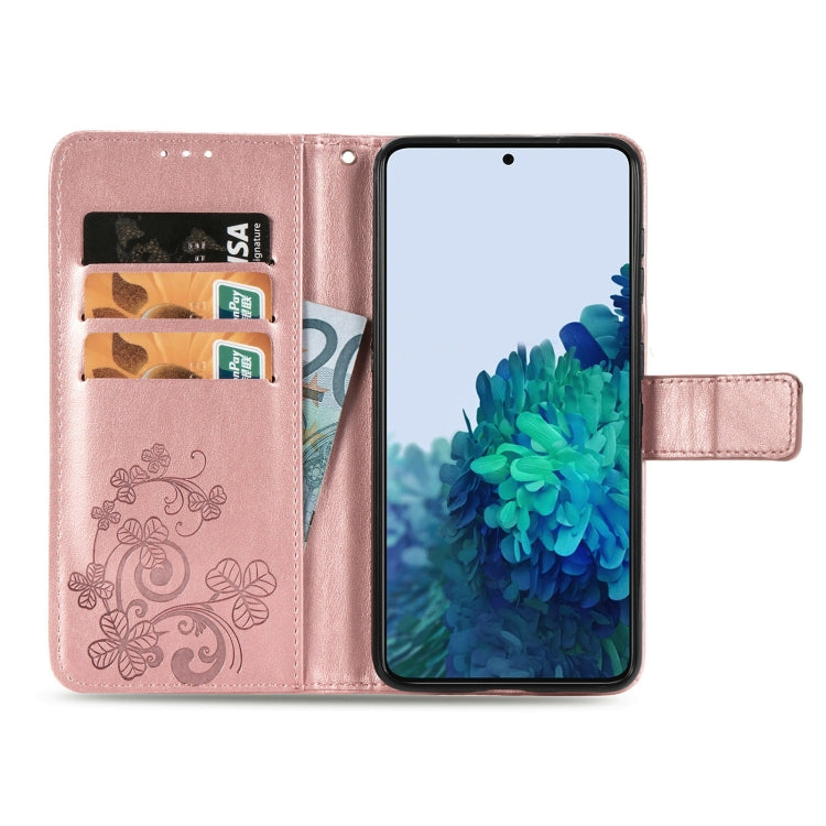 For Samsung Galaxy S22 5G Four-leaf Clasp Embossed Leather Phone Case with Lanyard & Card Slot & Wallet & Bracket Function