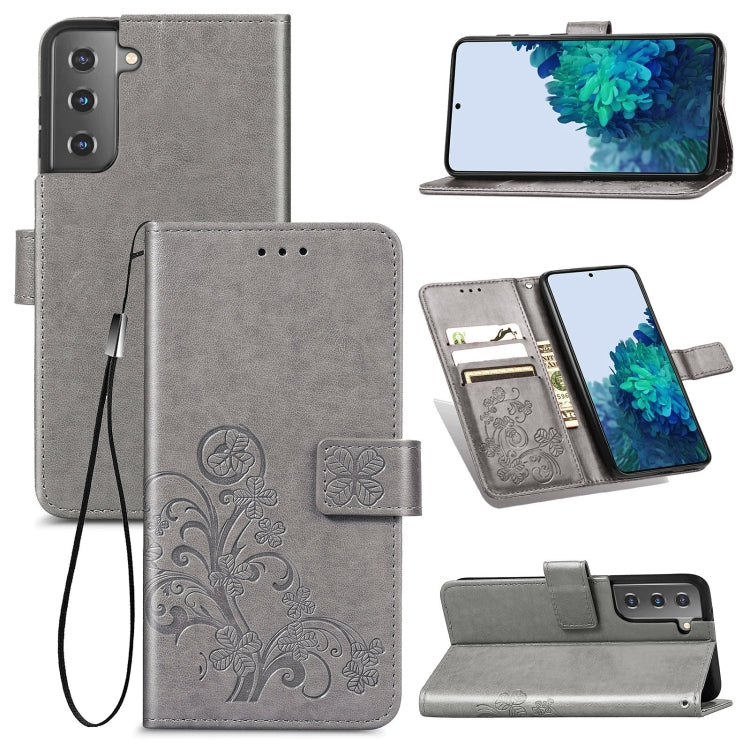 For Samsung Galaxy S22 5G Four-leaf Clasp Embossed Leather Phone Case with Lanyard & Card Slot & Wallet & Bracket Function
