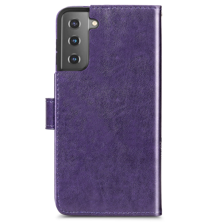 For Samsung Galaxy S22 5G Four-leaf Clasp Embossed Leather Phone Case with Lanyard & Card Slot & Wallet & Bracket Function