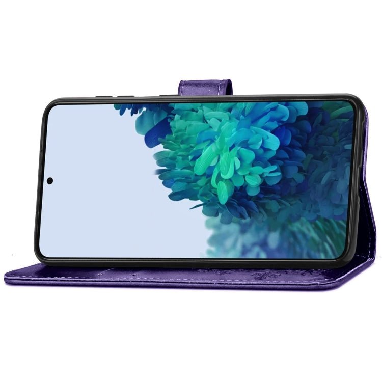 For Samsung Galaxy S22 5G Four-leaf Clasp Embossed Leather Phone Case with Lanyard & Card Slot & Wallet & Bracket Function