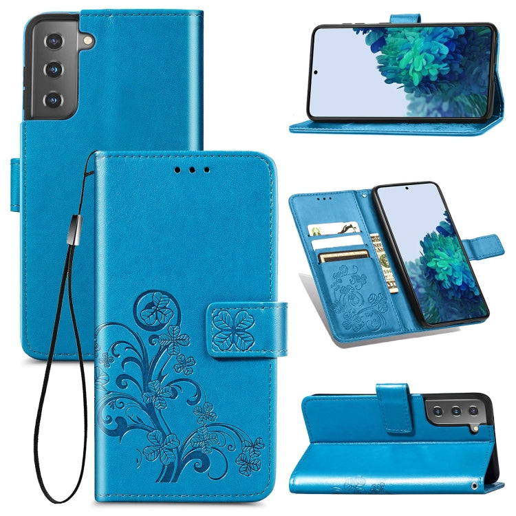 For Samsung Galaxy S22 5G Four-leaf Clasp Embossed Leather Phone Case with Lanyard & Card Slot & Wallet & Bracket Function