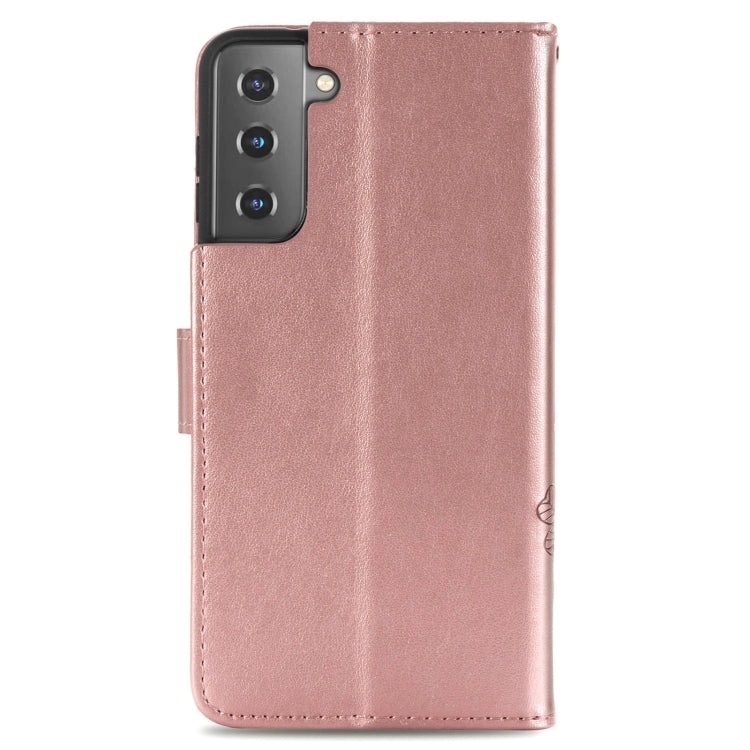 For Samsung Galaxy S22+ 5G Four-leaf Clasp Embossed Leather Phone Case with Lanyard & Card Slot & Wallet & Bracket Function