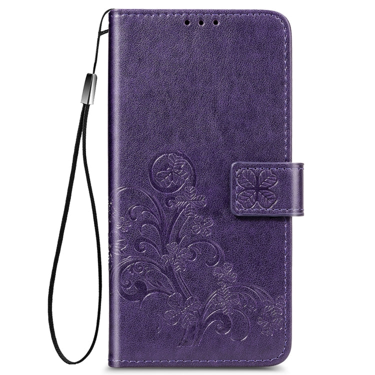 For Samsung Galaxy S22+ 5G Four-leaf Clasp Embossed Leather Phone Case with Lanyard & Card Slot & Wallet & Bracket Function