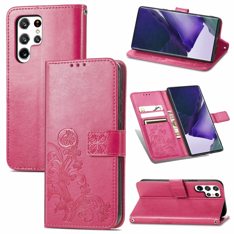 For Samsung Galaxy S22 Ultra 5G Four-leaf Clasp Embossed Leather Phone Case with Lanyard & Card Slot & Wallet & Bracket Function