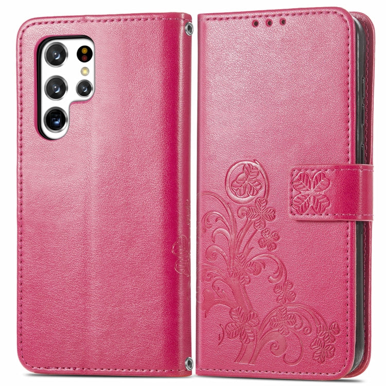 For Samsung Galaxy S22 Ultra 5G Four-leaf Clasp Embossed Leather Phone Case with Lanyard & Card Slot & Wallet & Bracket Function