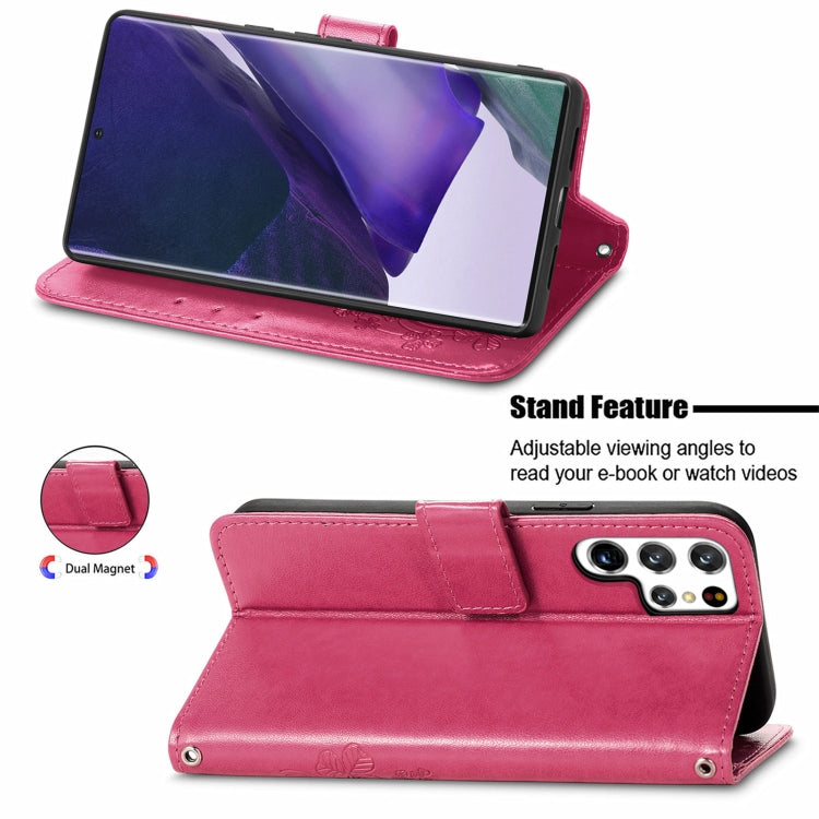 For Samsung Galaxy S22 Ultra 5G Four-leaf Clasp Embossed Leather Phone Case with Lanyard & Card Slot & Wallet & Bracket Function