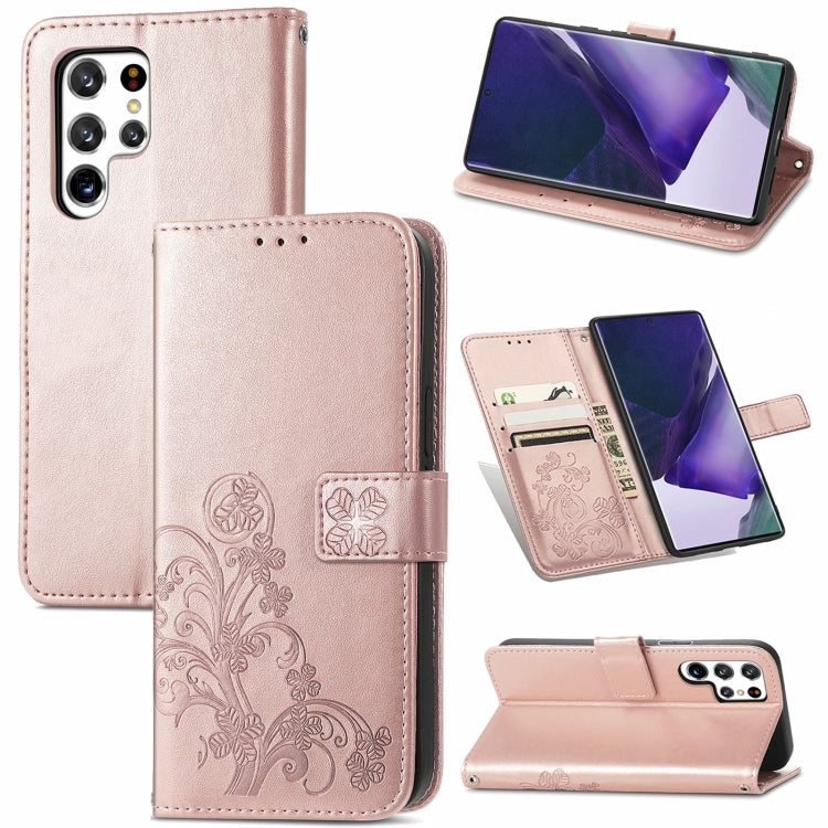 For Samsung Galaxy S22 Ultra 5G Four-leaf Clasp Embossed Leather Phone Case with Lanyard & Card Slot & Wallet & Bracket Function